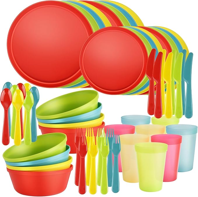 Tropical Plastic Dinnerware Set – 40-Piece Colorful Unbreakable Plates & Bowls for 8 with Cups, Forks, Knives, Spoons – Reusable Kids Dishes for Party, Camping, Picnic, Daily Use