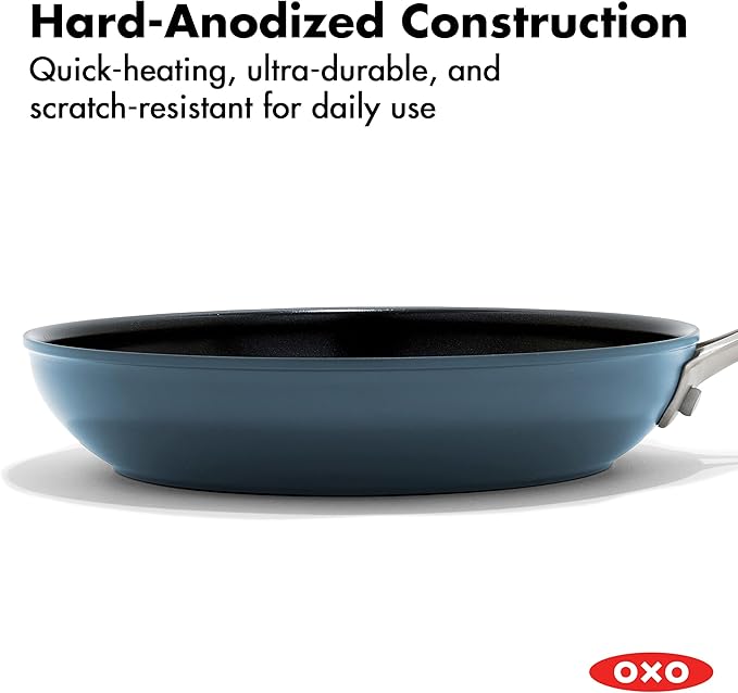 OXO Enhanced 8” Nonstick Frying Pan Skillet, Ceramic PFAS-Free Cookware, Stainless Steel Handle, Eggs & Omelets, Dishwasher & Oven Safe, Storm Blue