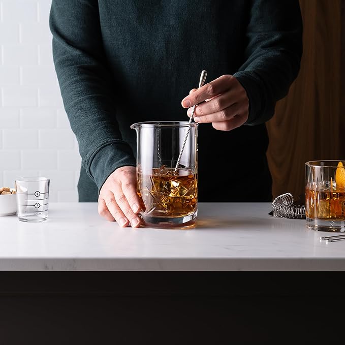 Cork & Mill Cocktail Mixing Glass, Old Fashioned Kit, Large 24 oz Crystal Cocktail Mixer for Bartenders, 9-Piece Home Bar Accessories Set for Manhattans and Other Whiskey Drinks