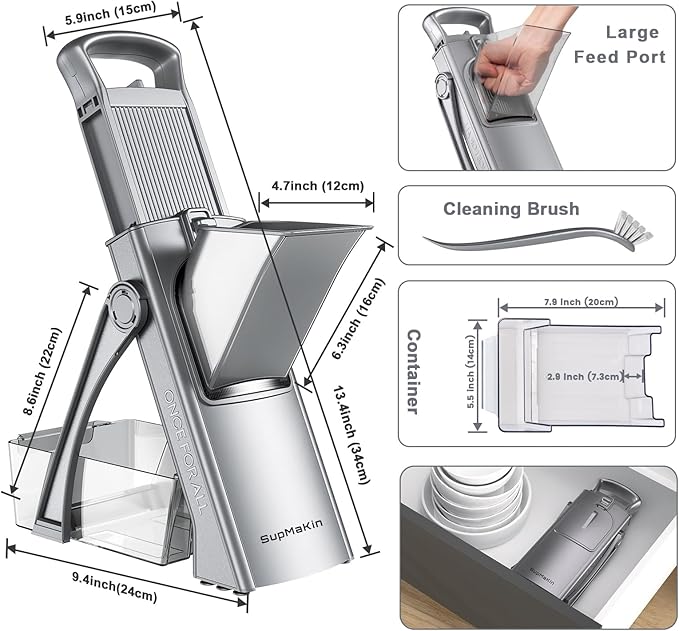 SupMaKin Upgrade Safe Mandoline Slicer for Kitchen,Adjustable Potato Slicer Vegetable Onion Chopper, French Fry Cutter, Include Vegetable Peeler(Gray)