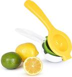 Tovolo Citrus Press with Pour Spout, White & Yellow – Manual Juicer for Lemons, Limes, Tangerines, Ergonomic Handle, BPA-Free, Dishwasher Safe