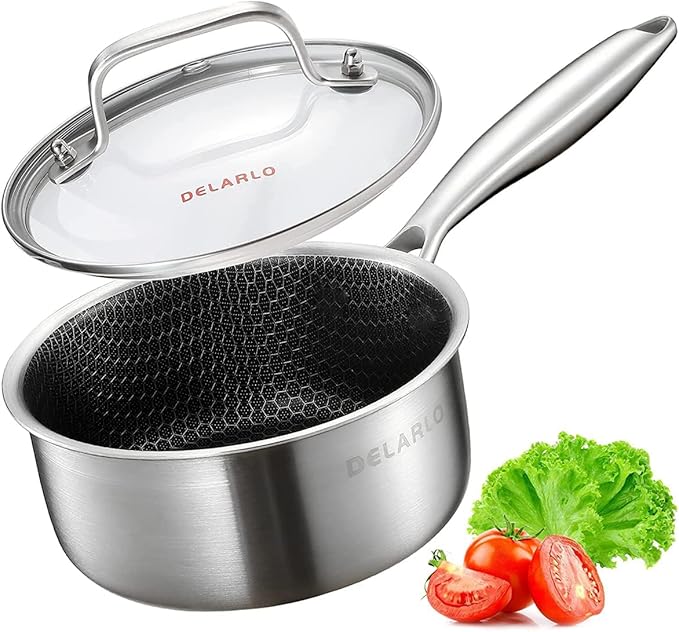 DELARLO Tri-Ply Hybrid Stainless Steel Saucepan, Hybird 1.5QT Non Stick Pots, All Stove Safe Up to 600℉, Sauce Pot 1.5 Quart Non Stick Sauce Pan, Saucier, Honeycomb, Small Saucepan, Lids 300℉