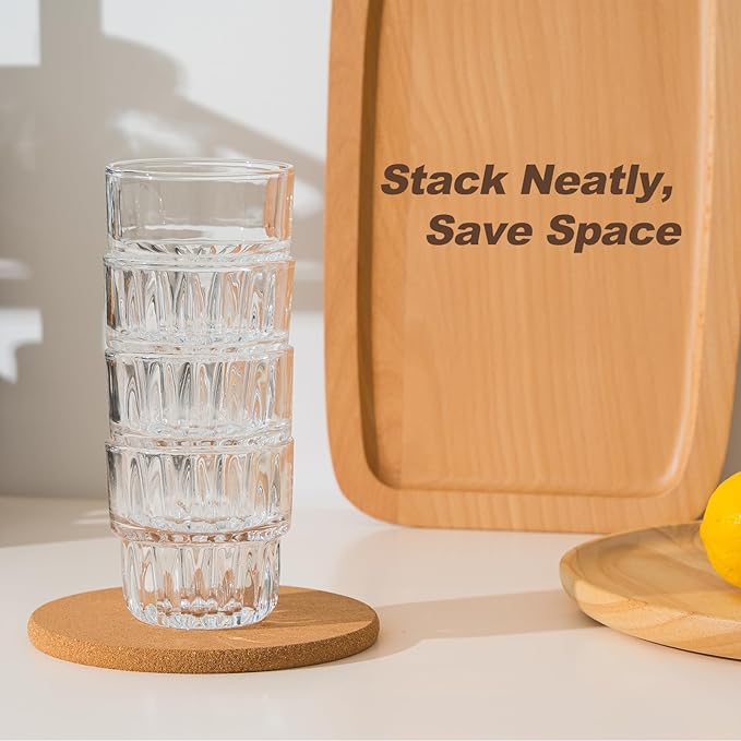 8oz Drinking Glasses Set of 4, Stackable Iced latte Coffee Glass, Beer Glasses, Cocktail Glasses, Coffee Mugs for Latte, Tea, Water glasses for bar, restaurant