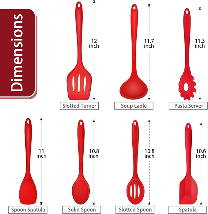 P&P CHEF Silicone Cooking Utensils Set of 7, Heat-proof Kitchen Utensils Set for Nonstick Cookware, Non-stick Spatula, Slotted Turner, Soup Ladle, Pasta Server, Spoon for Cooking Serving - Red