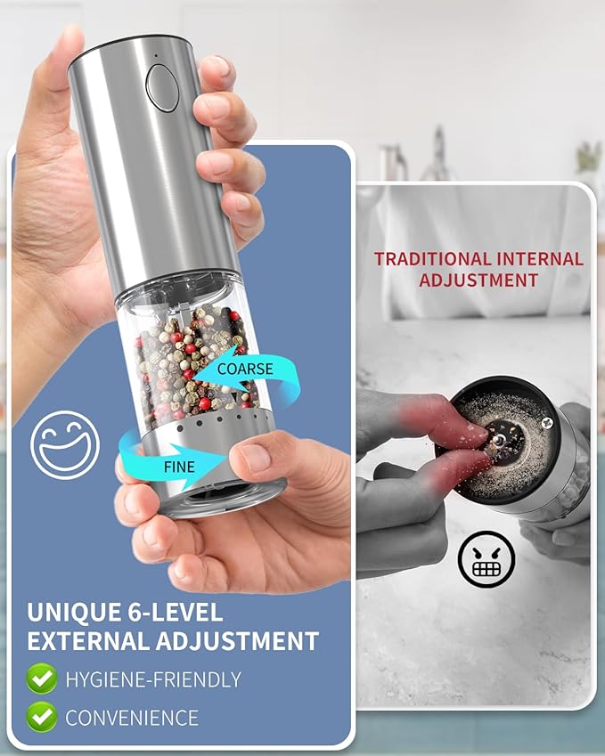 CIRCLE JOY 2-Speed Electric Salt and Pepper Grinder Set Rechargeable Stainless Steel Pepper Mills with Charging Base, LED Light and External Adjustable Coarseness for Hygienic Easy Use