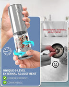 CIRCLE JOY 2-Speed Electric Salt and Pepper Grinder Set Rechargeable Stainless Steel Pepper Mills with Charging Base, LED Light and External Adjustable Coarseness for Hygienic Easy Use