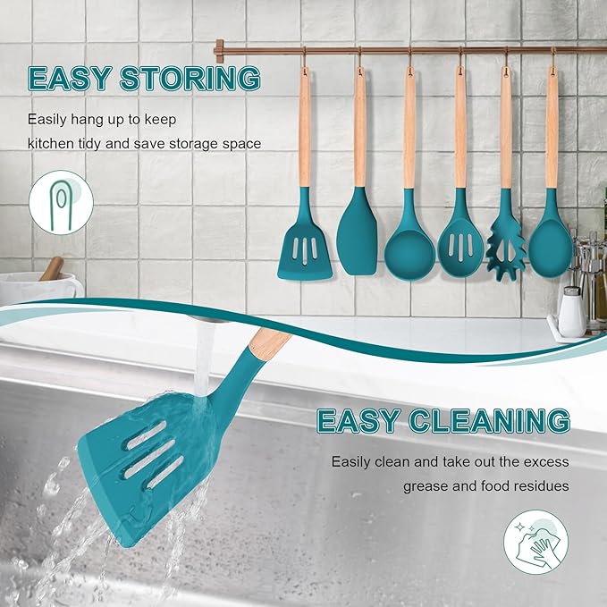 P&P CHEF Cooking Utensils Set, 6 PCS Kitchen Utensils with Wooden Handle, Silicone Spatula for Nonstick Cookware, Easy Clean & Non-toxic, Blue