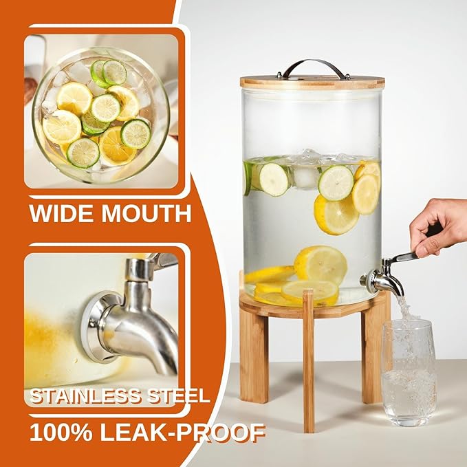 Glass Beverage Dispenser with Bamboo Stand and Lid, Iced 2.1 Gallon Drink Server with Spigot, Large Thick Glass Drink Dispenser for Parties, Hotels, Restaurants, Homes