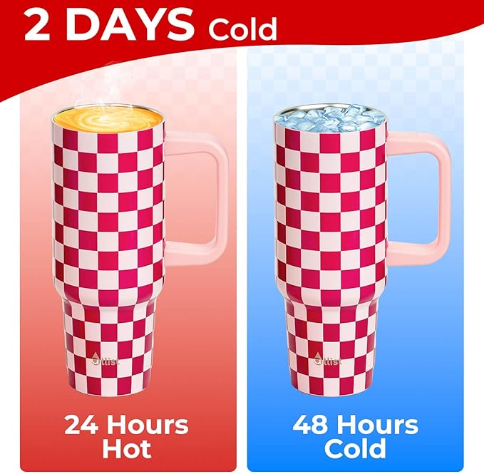 ProTour 100% Leakproof 40 oz Tumbler with Handle & 4-in-1 SipSwig Lid | Built-In Flip Straw & External Stainless Steel Straw | Insulated Stainless Steel Cup | BPA-Free | Pink Checkered