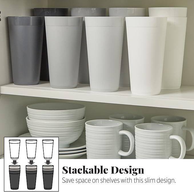 US Acrylic Newport 32 ounce Unbreakable Plastic Stackable Iced-Tea Tumblers in Grey Stone | Set of 12 Drinking Cups | Reusable, BPA-free, Made in the USA, Top-rack Dishwasher and Microwave Safe