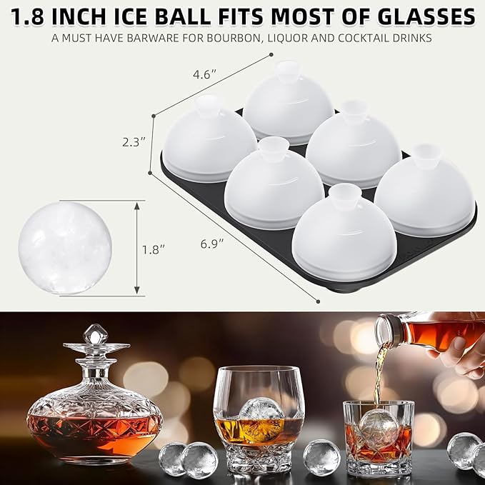 Whiskey Ice Ball Mold, 2 Pack Silicone Maker With Individual Cover - Easy Fill and Release Round Sphere Mold for Cocktails Bourbon - 1.8 Inch 12 Balls