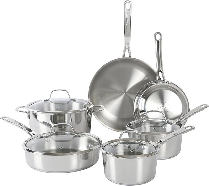 Sur La Table Kitchen Essentials Chef's Deck 10 Piece Stainless Steel Non Toxic Pots and Pans Kitchen Cookware Set w/Triply Encapsulated Base - Induction Safe