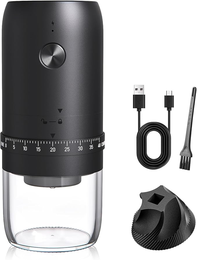 Portable Electric Coffee Bean Grinder， Upgraded Ceramic Conical Burr with External 40 Levels Adjustable Fine to Coarse Settings, Rechargeable and Faster Grinding for Office, Home, Black