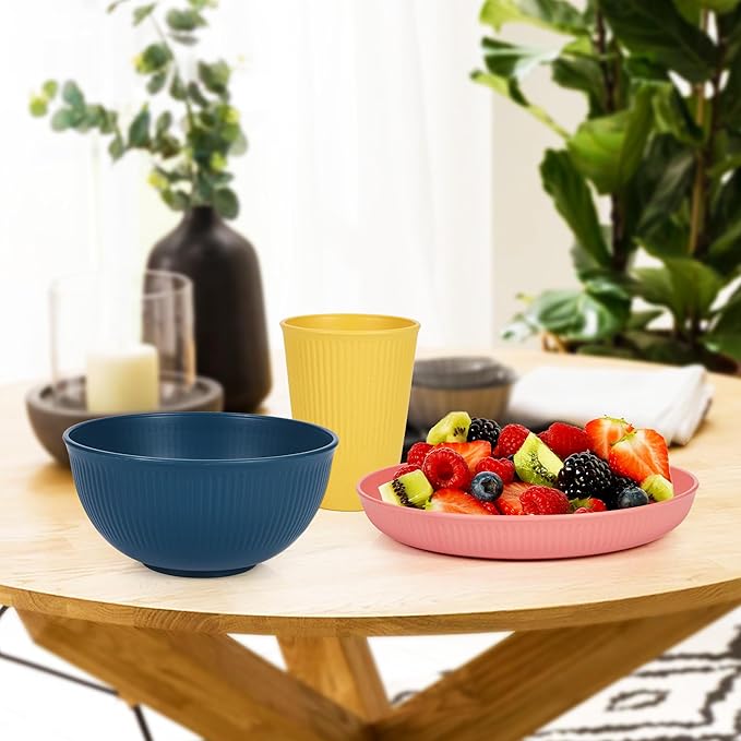 18PCS Wheat Straw Dinnerware Sets for 6, Unbreakable Dinnerware Sets,Dishwasher & Microwave Safe, Reusable Wheat Straw Plates, Bowl Set and Cup Set, Kitchen Outdoor Travel Camping