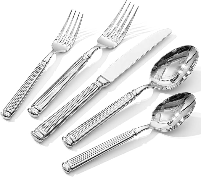 KINGSTONE Silverware Set, 18/10 Stainless Steel Flatware Set - Roman Column Embossed Thick Handle, for Wedding, Home, Restaurant, Camping and Party, Mirror Polish & Dishwasher Safe (10-Piece)