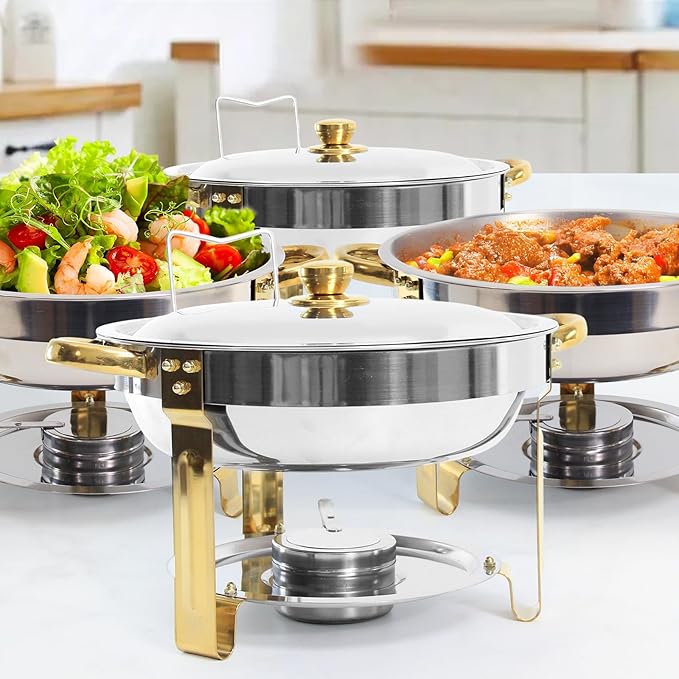 4-Pack Round Chafing Dishes for Buffet, 5QT Stainless Steel Buffet Chafing Set for Catering, Parties & Events