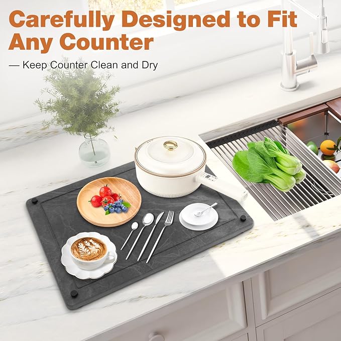 Stone Drying Mat for Kitchen Counter, Large Stone Dish Drying Mat Foldable Diatomaceous Earth Water Absorbing Mat for Dishes Bottles Cups Match Any Countertop