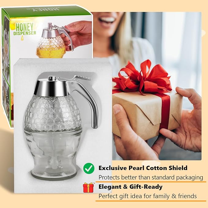 Honey Dispenser, Glass Honey Dispenser No Drip, Honey Pot with Stand, 8 oz Honey Jar, Maple Syrup Honey Container, Elegant Honeycomb Design for Home Decor for Any Occasion