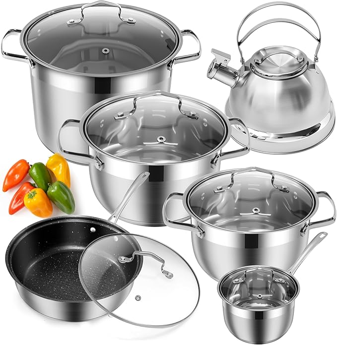 Kitchen Cookware Sets, 12 Pcs Hybrid Stainless Steel Cookware Sets, Non Stick Frying Pans, Saucepans, Saute Pan & Stock Pot, Pots and Pans,Induction Compatible,Silver