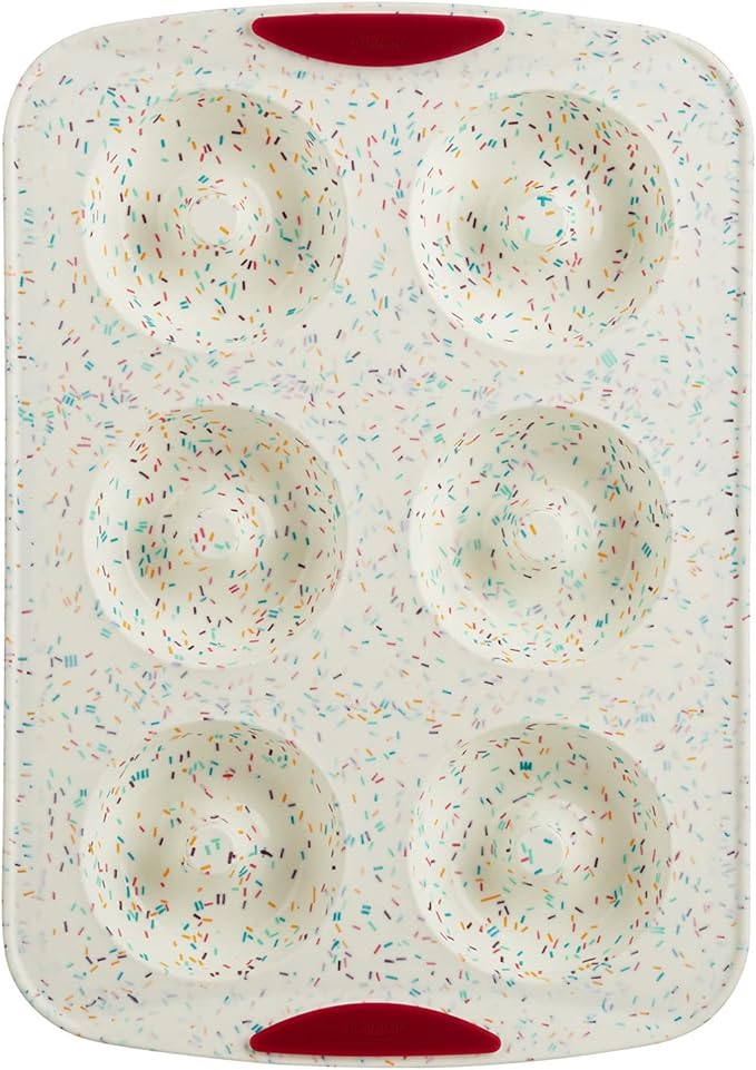 Trudeau Jumbo Donut Pan – Nonstick 6 Cavity Mold, White Confetti/Fuchsia – Silicone Baking Pan for Homemade Donuts, Muffins, Cakes, Bagels, Pastries & Baked Treats – Dishwasher & Oven Safe