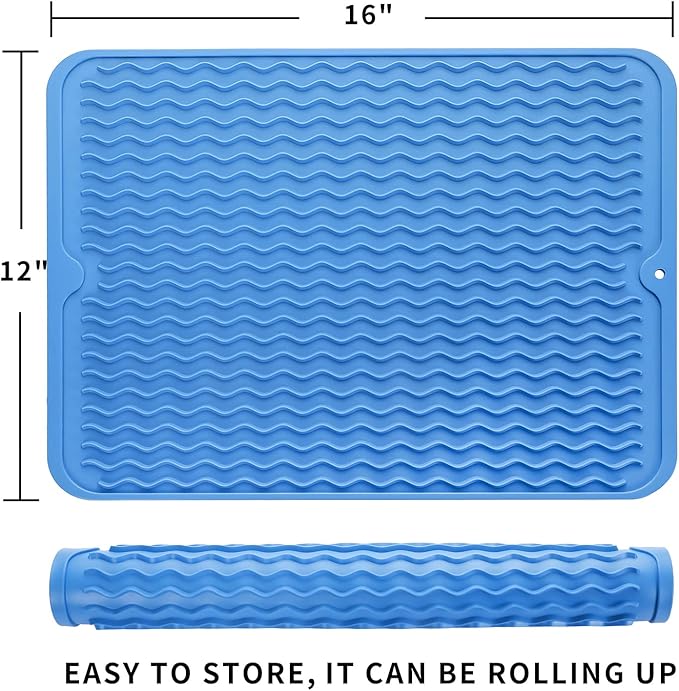 Silicone Dish Drying Mat for Multiple Usage,Easy clean,Eco-friendly,Heat-resistant Silicone Mat for Kitchen Counter or Sink,Refrigerator or drawer liner Lichen BlueL L 16 inches x 12 inches