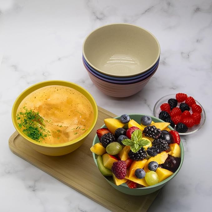 Cereal Bowls Set, 37oz Unbreakable Wheat Straw Bowls Set, 6 Pcs Reusable Plastic Soup Bowls, Deep Lightweight Bowl Sets