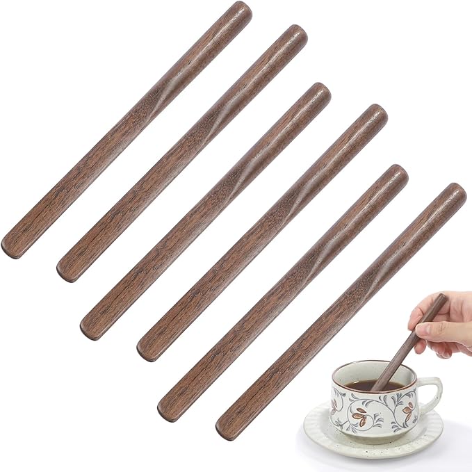Black Walnut Wood Coffee Stirrers, 6Pcs 6 Inch Reusable Stir Sticks for Coffee, Tea, Milk, Espresso, Peanut Butter Spreader, Multifunctional Wooden Stirrers with Smooth Finish (Brown, 6pcs)