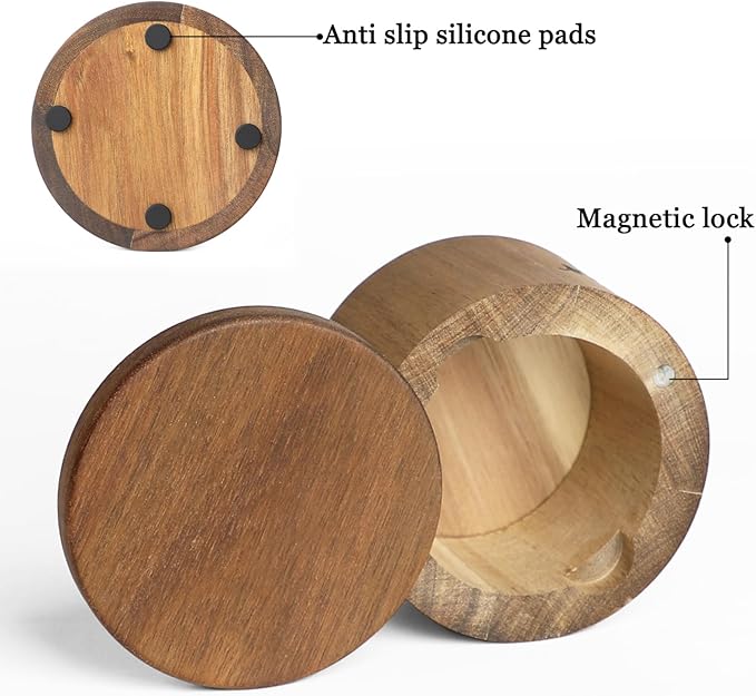 Acacia Wood Spice Box with Swivel Lid and Built-in Spoon for Kitchen Countertop, Farmhouse Kitchen Decoror for Storing Salt, Peppers, Sugar or Seasonings (Labeled “SALT”)