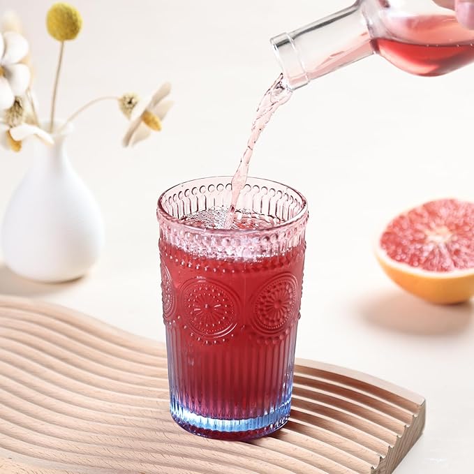 6pcs Vintage Drinking Glasses Set, 12 oz Glass Cups, Embossed Ribbed Glassware Water Tumblers for Cocktail, Water, Juice, Beer, Whiskey