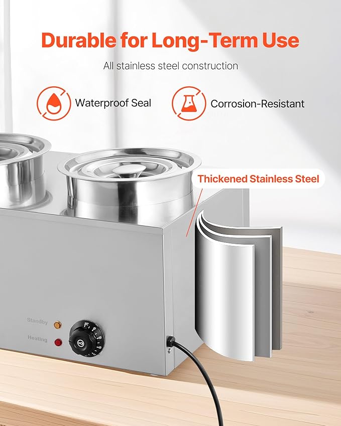 VEVOR Electric Soup Warmer, Two 6.34QT Stainless Steel Round Pot with 86~185°F Adjustable Temp, 1200W Commercial Bain Marie Compatible with Pans, Soup Station for Restaurant, Buffet