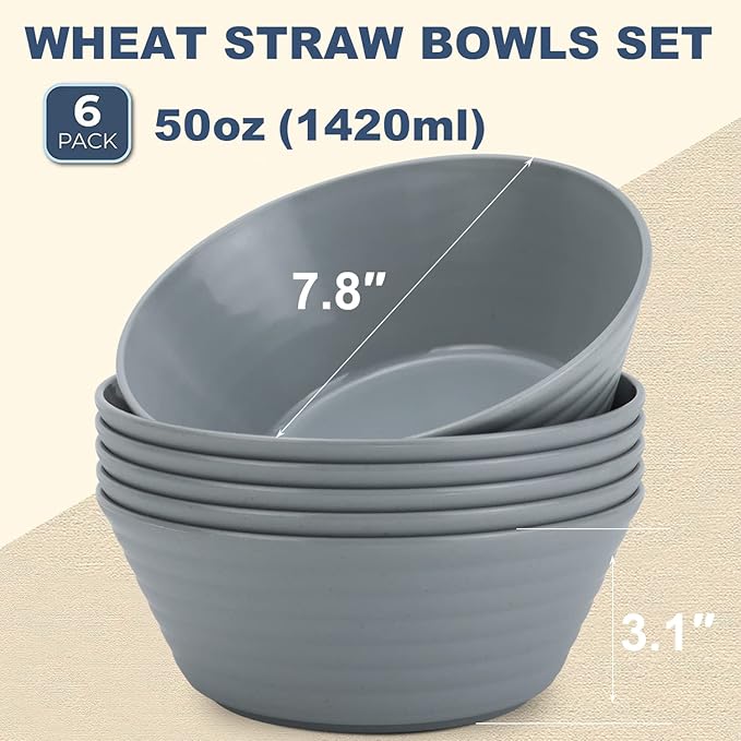 Wheat Straw Bowl Sets,6 PCS Unbreakable Cereal Bowl 50 OZ,Microwave and Dishwasher Safe Bowls,Super Big Bowl Sets BPA Free Bowl for Serving Cereal,Oatmeal and Salad (Pure Gray)