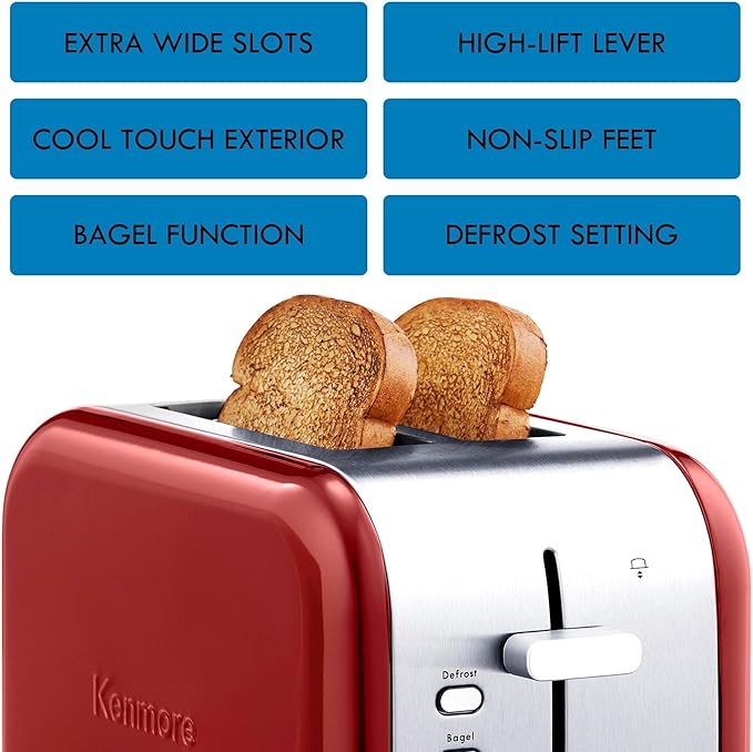 Koolatron Kenmore 2-Slice Toaster, Stainless Steel, Red and Silver, with Extra Wide Slots, Self-Adjusting Bread Guides, Defrost, Bagel and Removable Crumb Tray, Small (KKTS2SR AZ)