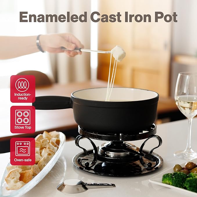 Swissmar Lugano Cast Iron Cheese Fondue Set, 9-Piece, 2 QT / 2 L - Ideal for Melting Cheese, Chocolates, Caramel, & More - Perfect for Kitchen Collection & Gift Giving - Matte Black