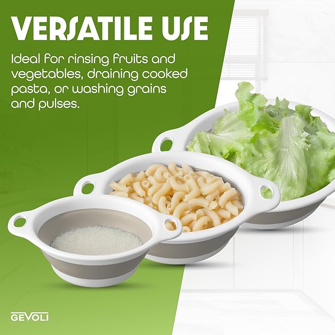 Collapsible Colanders (2 Pack Set) Food Strainers with Over-Sink Water Draining Base for Pasta Fruits and Vegetables (4 and 5 Quart) - White Beige