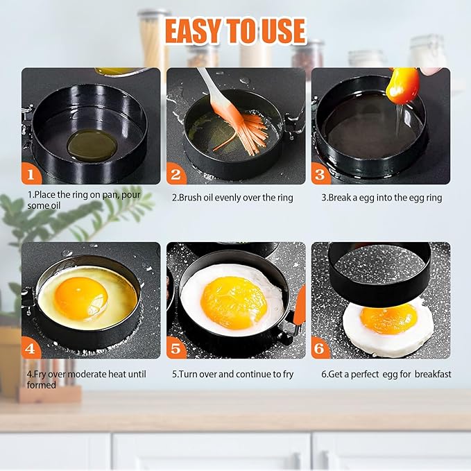 6 Packs Professional Pancake Ring Set,3" Omelette Ring,4" Non-stick Griddle Pancake Shapers with Oil Brush,6" Stainless Fried Egg Molds with Orange Anti-scald Silicone Handle,8" Pancake Molds