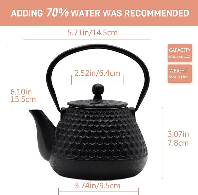 20.3oz Small Cast Iron Teapot, SECHUDO Cast Iron Tea Kettle for Stovetop Safe Coated with Enameled Interior, Cast Iron Tea Pot with Stainless Steel Infuser for Loose Tea (Black Honeycomb Pattern)
