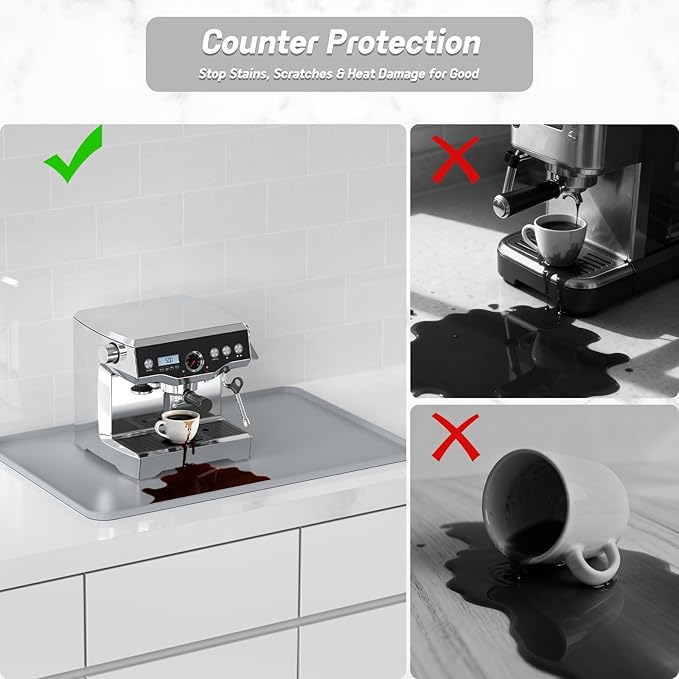 Silicone Coffee Mat,24"×16" Waterproof Heat Resistant Bar Mat for Espresso Machine Station Accessories,Non Slip Dish Drying Mat for Kitchen Counter,Home Decor Essentials,Grey