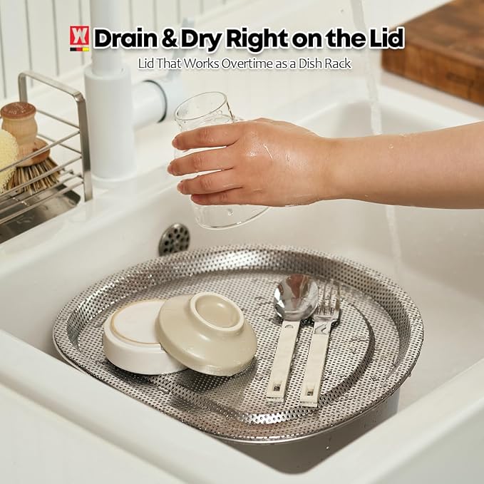 Stainless Steel Vegetables & Fruits Wash Strainer Colander, Perforated Tray, Mini Drying Rack for Dishes, Fitting Lid for Washing-up Bowl (300 x 320 x 16mm / 11.81 x 12.60 x 0.63inches)