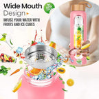 Aqulea Glass Water Bottles 32 Oz with Silicone Sleeve - BPA Free Reusable Wide Mouth Glass Motivational Water Bottles with Fruit Infuser – Leak Proof Borosilicate Water Bottle with Time Marker (Pink)