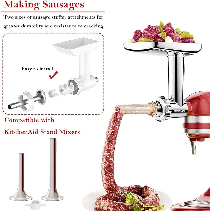 Gvode Sausage Stuffer Attachment for KitchenAid Stand Mixer Food Grinder Attachment(FGA), plus 1 Retainer Ring, Stainless Sausage Stuffer Kit