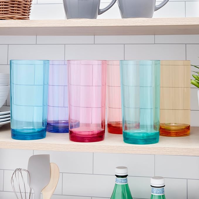 US Acrylic Classic Plastic Reusable Drinking Glasses (Set of 6) 24oz Iced Tea Cups Assorted Colors | BPA-Free Tumblers, Made in USA | Top-Rack Dishwasher Safe