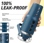 MUKOKO 32 oz Glass Tumbler with Straw,Glass Water Bottles with Time Marker,Iced Coffee Cup with Silicone Sleeve,Motivational Drinking Bottles,Leakproof-Blue