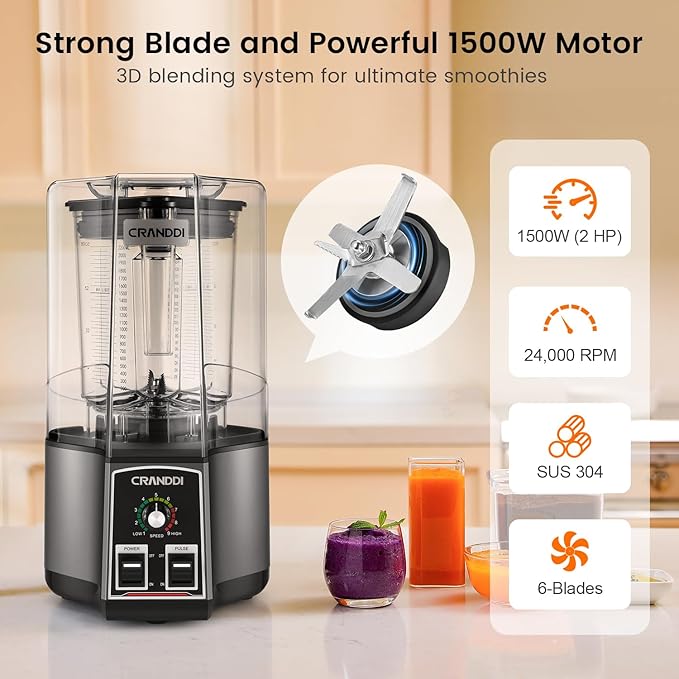 CRANDDI Commercial Kitchen Smoothie for Blender - 80oz Blender with Tamper and Removable Soundproof Cover, Quiet Blenders for Smoothies, Countertop Blenders for Ice Crushing, Blending, K85 (Gray)