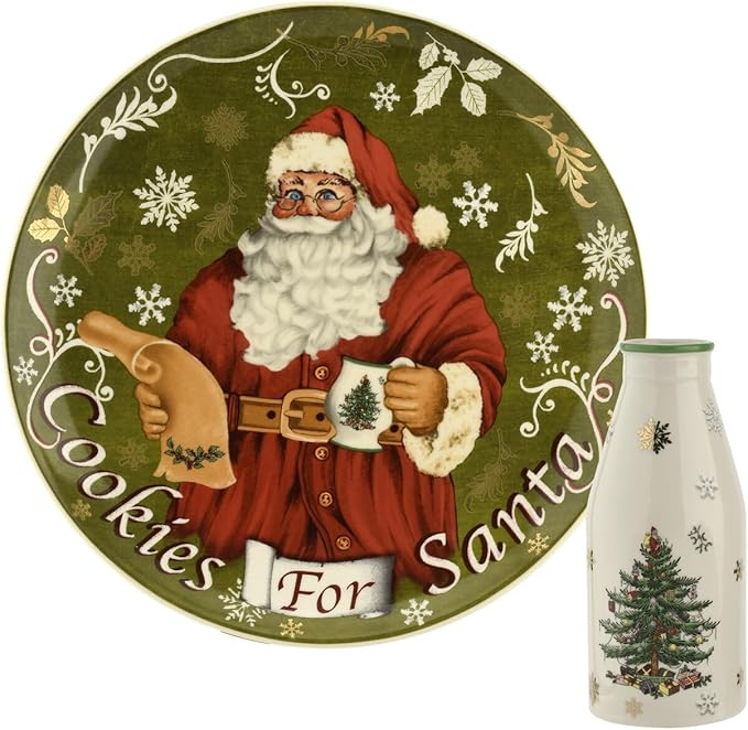 Spode Christmas Tree Plate and Bottle Set (2-Piece) - 8.5" Porcelain Cookies for Santa Plate & 10 Oz Holiday-Themed Jug, Dishwasher Safe Festive Collectible Seasonal Gift Set
