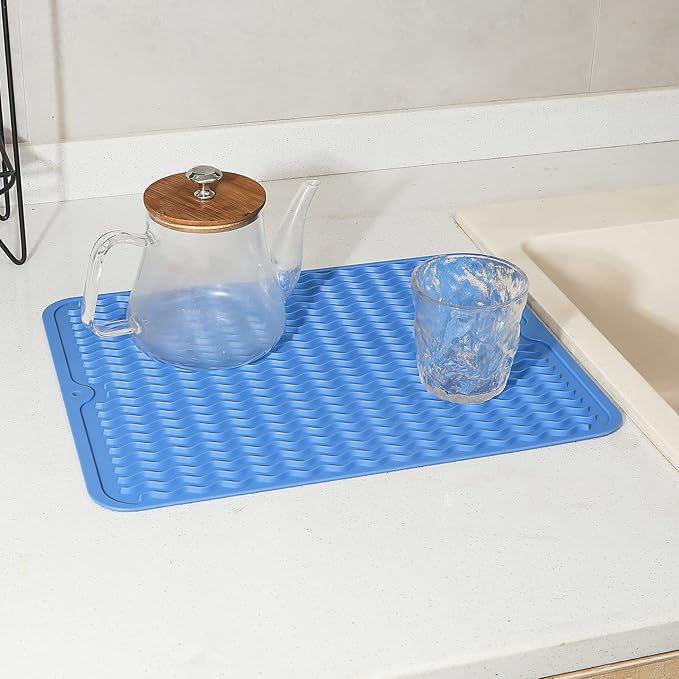 Silicone Dish Drying Mat for Multiple Usage,Easy clean,Eco-friendly,Heat-resistant Silicone Mat for Kitchen Counter or Sink,Refrigerator or Drawer liner Lichen BlueL M 12 inches x 12 inches