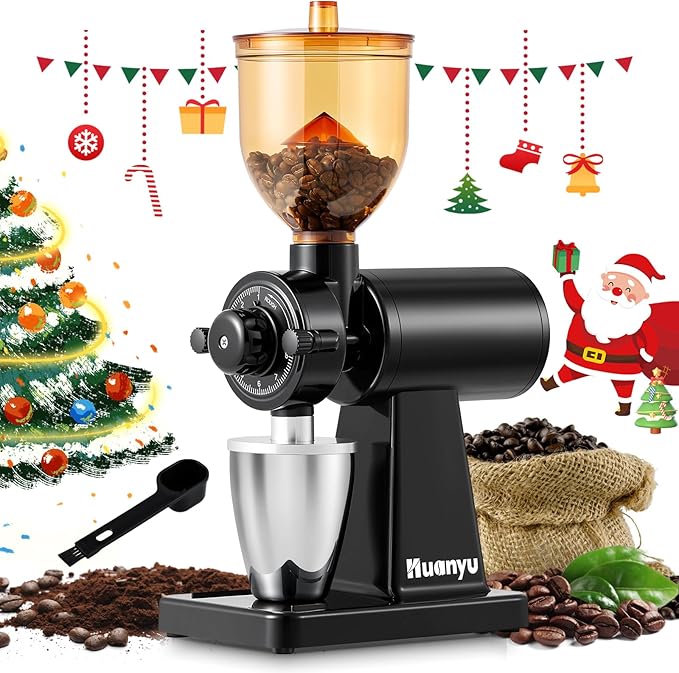 Huanyu Coffee Grinder Electric with Closed Grinding System - 8 Adjustable Settings, Flat Burr Coffee Grinders Anti-Static Design for Dust-Free Home Use