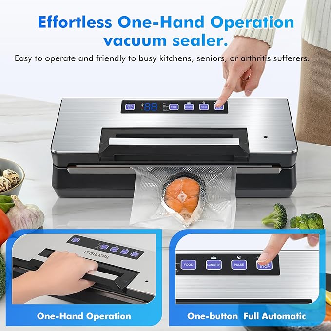 Vacuum Sealer - Powerful 95kPa vacuum sealer for food with Built-in Cutter Bag Storage,Easy-Lock Handle Digital Timer,2 Roll and 5 Pre-cut Bags & Hose Every Seal Perfect Freshness Locked In