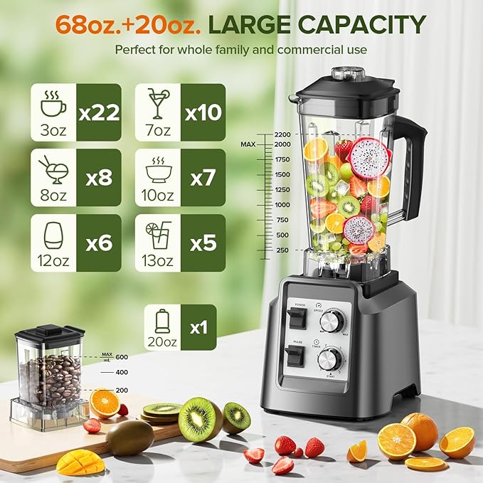 Blenders for Kitchen, Smoothie Blender with Timer - Countertop Blenders with 68oz Dishwasher-Safe Pitcher, Ice Crushing & Frozen Fruit, BPA Free