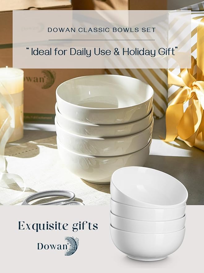 DOWAN 39 OZ Large Deep Bowls Set of 4 - White Ceramic Bowls for Ramen, Pasta, Salad, Mixed Fruit - Dishwasher & Microwave Safe (Soft White)