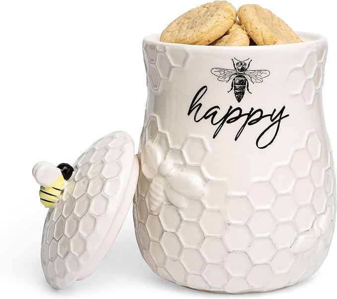 Young's Inc. Ceramic Honey Bee Cookie Jar with Lid and Handle – Honeycomb Design, 5.75" x 5.83" x 7.87", Decorative and Functional Kitchen Storage - Tea Canister